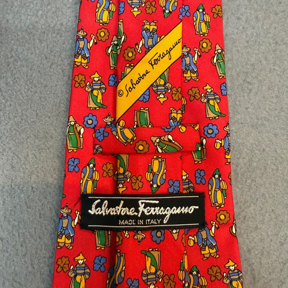 Salvatore Ferragamo Red Silk Tie Whimsical Folk Figures Novelty Print Italy made